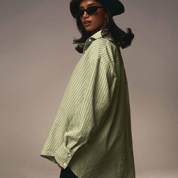 Green Casual Womens Long Sleeve Striped Front Button Blouse - Picture 2 of 5